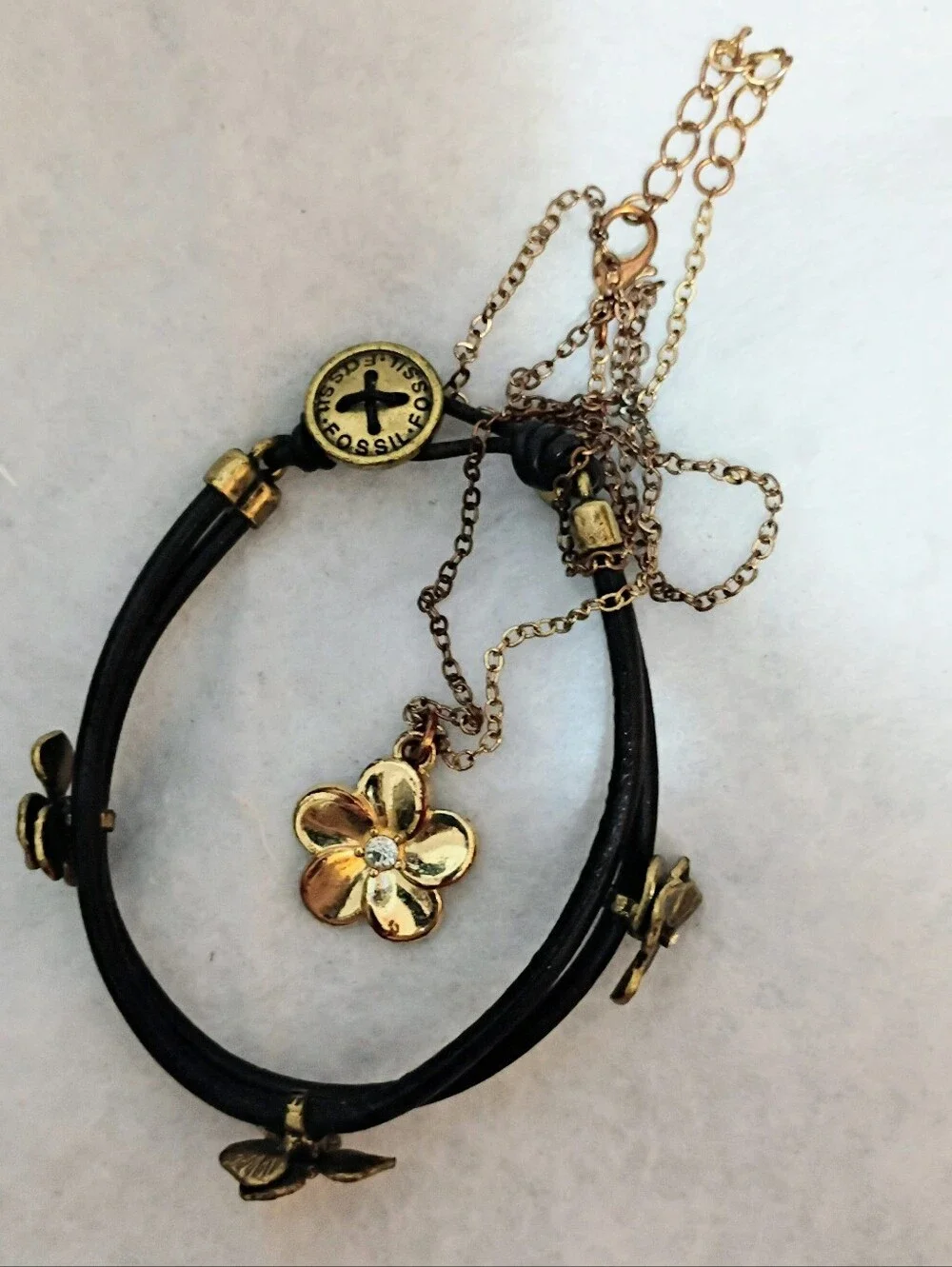Fossil Flower Leather Bracelet and Flower Necklace